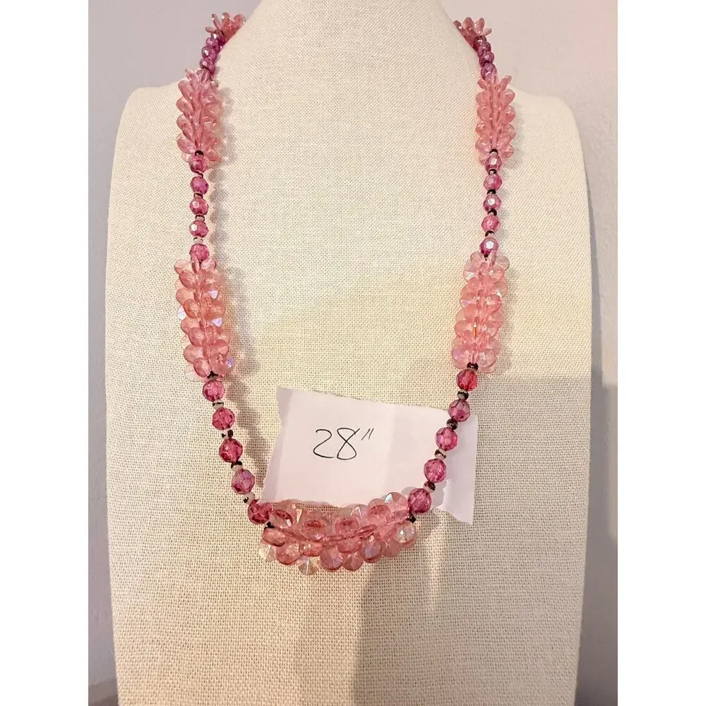 Vintage Pink Faceted Beaded Statement Necklace 28”